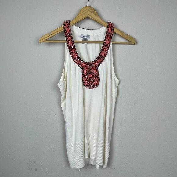 Cache Y2K Knit Beaded Tank Top Ivory Small Boho Festival Gathered Waist S - Picture 1 of 8